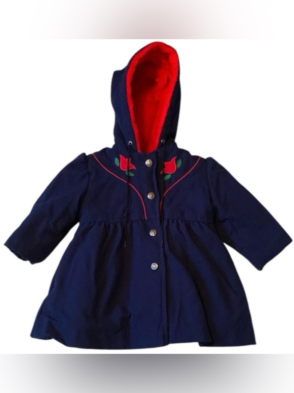 Vintage Weather Tamer Floral Tulip Navy Blue Red 2T Jacket Hood Faux Fur Easter